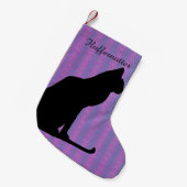 Zwarte kat Silhouette op Paarse strepen Kleine Kerstsok (Voorkant (Hangend))