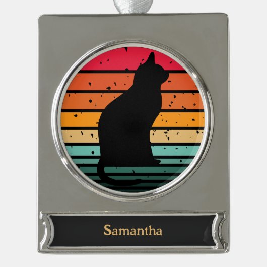 Zwarte kat Silhouette op regenboogcirkelKerstmis Verzilverd Banner Ornament (Voorkant)