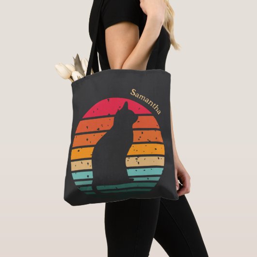 Zwarte kat Silhouette op verharde regenboog Tote Bag (Dichtbij)
