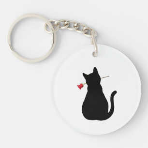 Zwarte Kat Silhouette Rode Roos NAAM Leuke Pet Lov Sleutelhanger