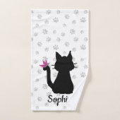 Zwarte kat Silhouette roze vlinder op staart en po Bad Handdoek (Handdoek)