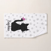 Zwarte kat Silhouette roze vlinder op staart en po Bad Handdoek (Handdoek)