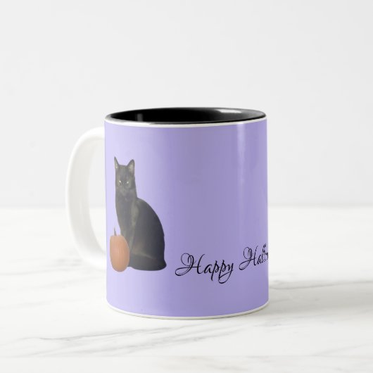 Zwarte Kat Sinaasappel Pompoenen Happy Halloween P Tweekleurige Koffiemok (Voorkant links)
