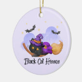 Zwarte kat sisses keramisch ornament (Links)