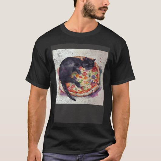 Zwarte Kat Slaap Pizza T-shirt (Voorkant)