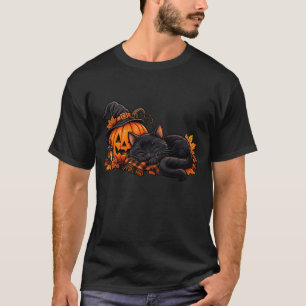 Zwarte Kat Slaapt Naast Pompoen Halloween T-shirt