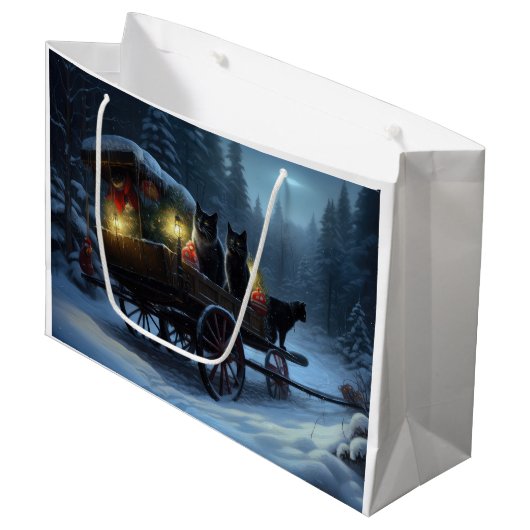 Zwarte Kat Sneeuwachtige Sleigh Ride Kerstmisdecor Groot Cadeauzakje (Voorkant Gekanteld)