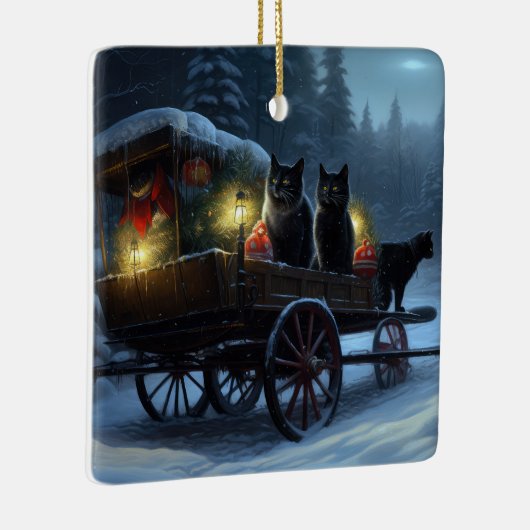 Zwarte Kat Sneeuwachtige Sleigh Ride Kerstmisdecor Keramisch Ornament (Rechts)