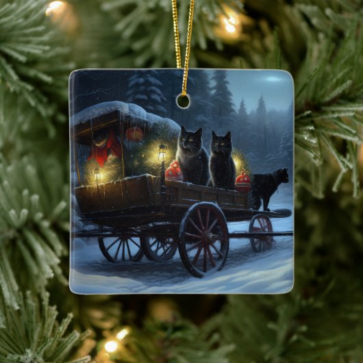Zwarte Kat Sneeuwachtige Sleigh Ride Kerstmisdecor Keramisch Ornament (Boom)