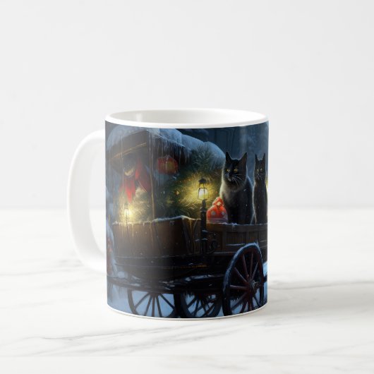 Zwarte Kat Sneeuwachtige Sleigh Ride Kerstmisdecor Koffiemok (Voorkant links)