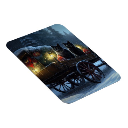 Zwarte Kat Sneeuwachtige Sleigh Ride Kerstmisdecor Magneet (Rechterzijde)