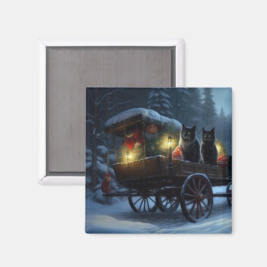 Zwarte Kat Sneeuwachtige Sleigh Ride Kerstmisdecor Magneet (Voorkant / Achterkant)