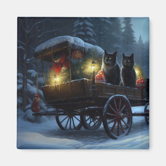 Zwarte Kat Sneeuwachtige Sleigh Ride Kerstmisdecor Magneet (Voorkant)