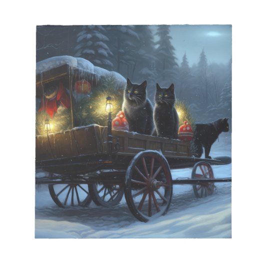 Zwarte Kat Sneeuwachtige Sleigh Ride Kerstmisdecor Notitieblok (Voorkant)