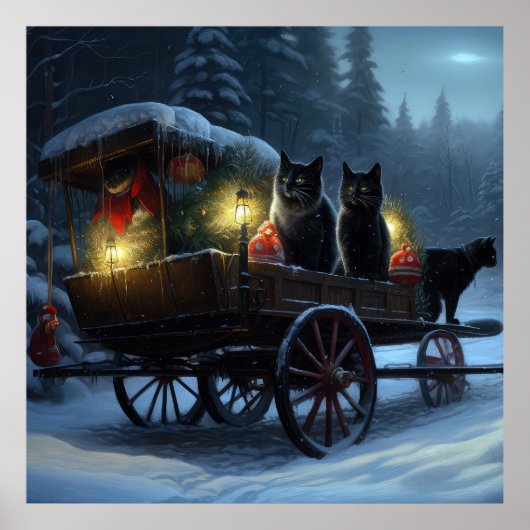 Zwarte Kat Sneeuwachtige Sleigh Ride Kerstmisdecor Poster (Voorkant)