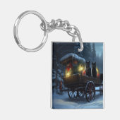 Zwarte Kat Sneeuwachtige Sleigh Ride Kerstmisdecor Sleutelhanger (Voorkant Links)
