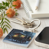 Zwarte Kat Sneeuwachtige Sleigh Ride Kerstmisdecor Sleutelhanger (Voorkant Rechts)