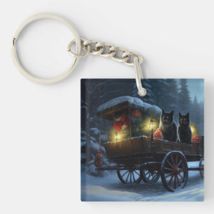 Zwarte Kat Sneeuwachtige Sleigh Ride Kerstmisdecor Sleutelhanger