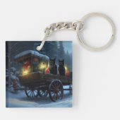 Zwarte Kat Sneeuwachtige Sleigh Ride Kerstmisdecor Sleutelhanger (Achterkant)