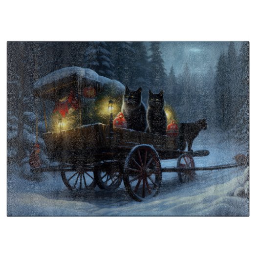 Zwarte Kat Sneeuwachtige Sleigh Ride Kerstmisdecor Snijplank (Voorkant)
