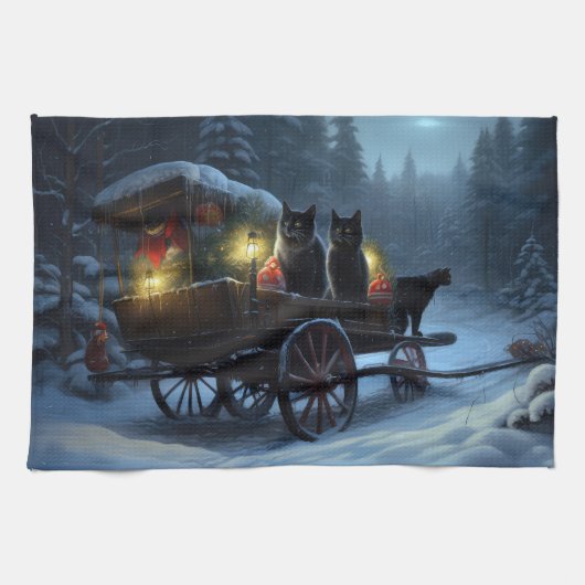 Zwarte Kat Sneeuwachtige Sleigh Ride Kerstmisdecor Theedoek (Horizontaal)