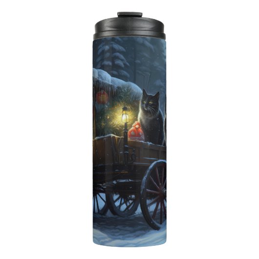 Zwarte Kat Sneeuwachtige Sleigh Ride Kerstmisdecor Thermosbeker (Voorkant)