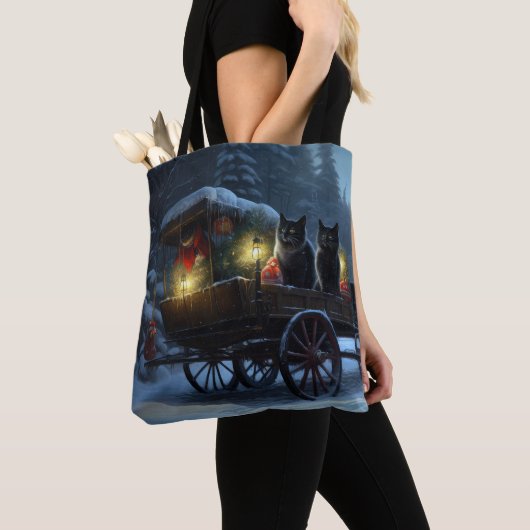 Zwarte Kat Sneeuwachtige Sleigh Ride Kerstmisdecor Tote Bag (Dichtbij)