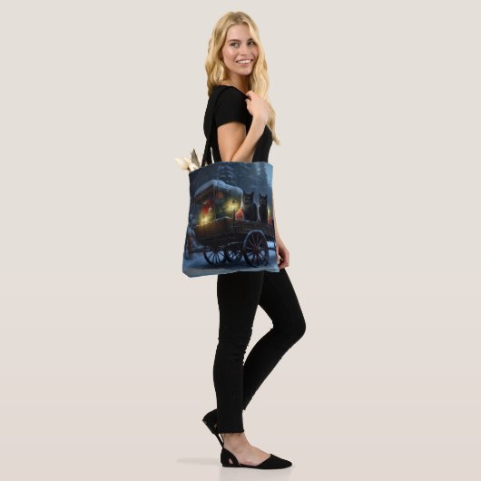 Zwarte Kat Sneeuwachtige Sleigh Ride Kerstmisdecor Tote Bag (Op model)