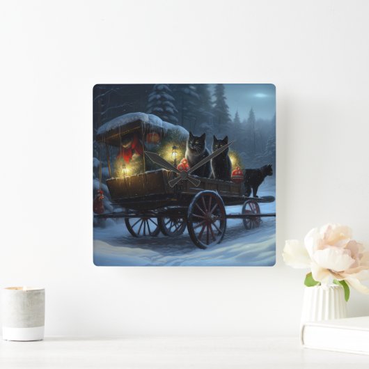 Zwarte Kat Sneeuwachtige Sleigh Ride Kerstmisdecor Vierkante Klok (Huis)