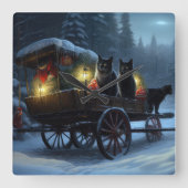 Zwarte Kat Sneeuwachtige Sleigh Ride Kerstmisdecor Vierkante Klok (Voorkant)