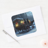 Zwarte Kat Sneeuwachtige Sleigh Ride Kerstmisdecor Vierkante Sticker (Envelop)