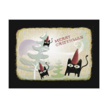 Zwarte kat sneeuwboom wind december koude briefkaa