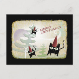 Zwarte kat sneeuwboom wind december koude briefkaa feestdagenkaart