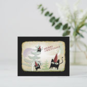 Zwarte kat sneeuwboom wind december koude briefkaa feestdagenkaart (Staand voorkant)