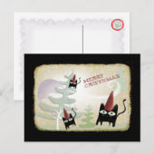 Zwarte kat sneeuwboom wind december koude briefkaa feestdagenkaart (Voorkant / Achterkant)