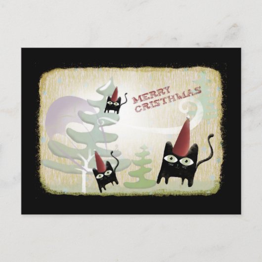 Zwarte kat sneeuwboom wind december koude briefkaa feestdagenkaart (Voorkant)