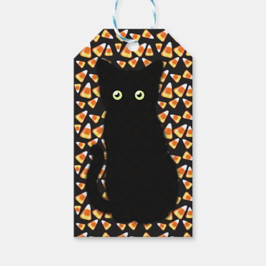 Zwarte kat, snoepmaïspatroon, leuk voor Halloween Cadeaulabel (Voorkant)