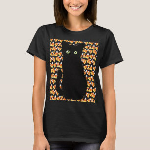 Zwarte kat, snoepmaïspatroon, leuk voor Halloween T-shirt