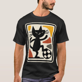Zwarte Kat Speelt Voetbal Retro Sportstijl T-shirt