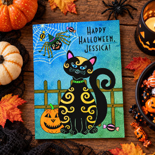 Zwarte Kat Spin Heks Aangepaste Naam Halloween Feestdagenkaart