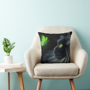 Zwarte Kat Staart naar een Lichtgevende Groene Vli Kussen