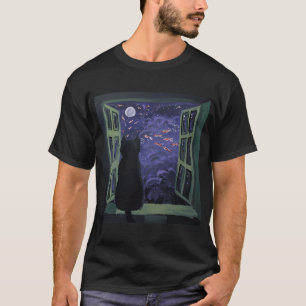 Zwarte kat staart naar vissen horizon t-shirt
