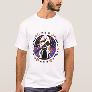 Zwarte Kat Sterrenkijker Halloween Nacht T-shirt