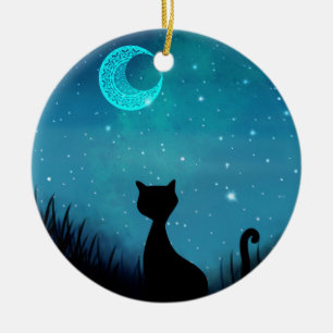 zwarte kat Sterrennacht hemel wassende maan Keramisch Ornament