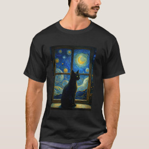Zwarte Kat Sterrennacht Raam Van Gogh Kunst Kat Va T-shirt