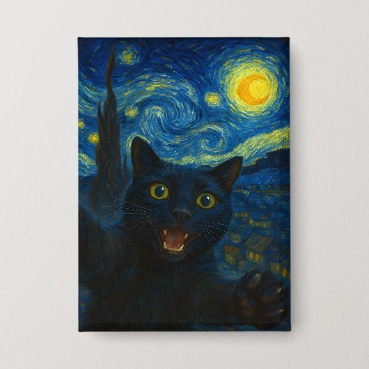 Zwarte Kat Sterrennacht Van Gogh Kat Selfie Button (Voorkant)