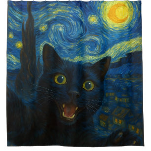 Zwarte Kat Sterrennacht Van Gogh Kat Selfie Douchegordijn