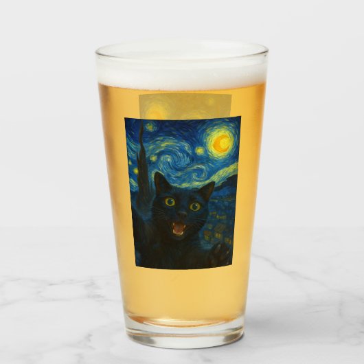 Zwarte Kat Sterrennacht Van Gogh Kat Selfie Glas (Voorkant gevuld)