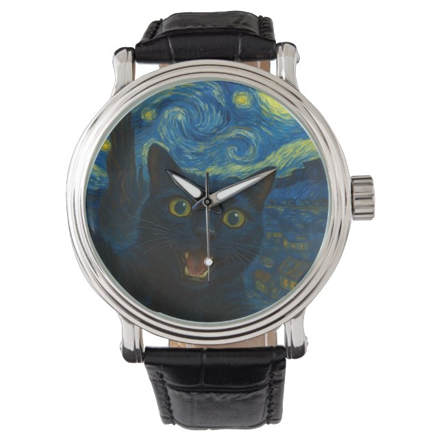 Zwarte Kat Sterrennacht Van Gogh Kat Selfie Horloge (Voorkant)