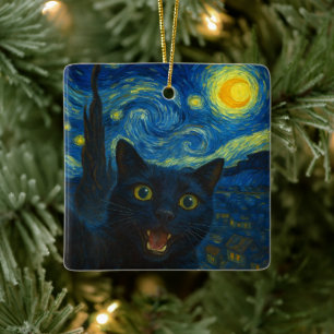 Zwarte Kat Sterrennacht Van Gogh Kat Selfie Keramisch Ornament